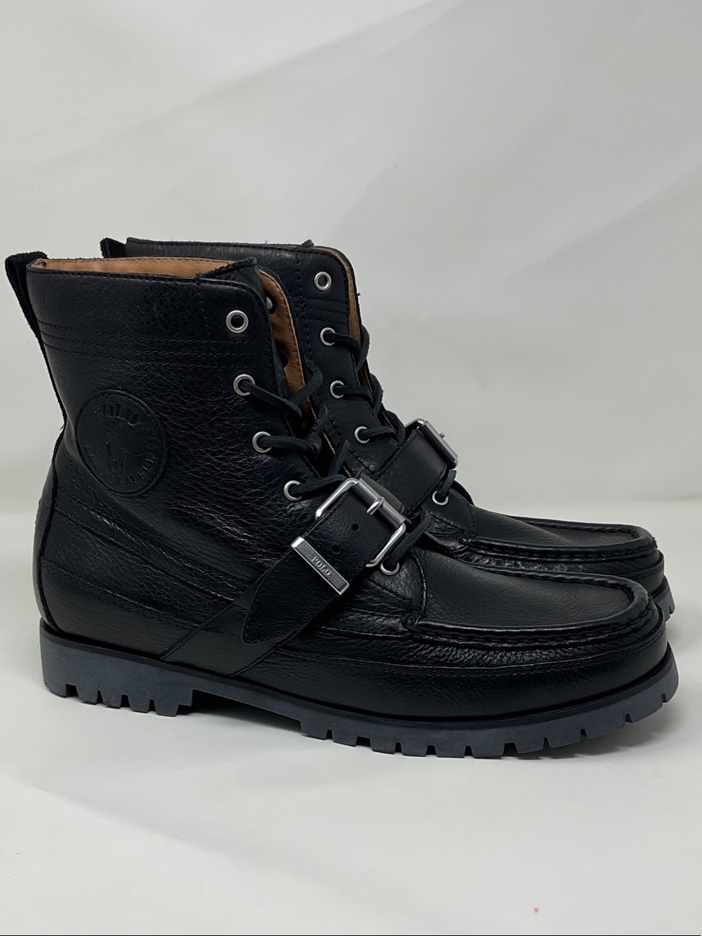 Polo Ralph Lauren Men's Black Leather Lace-Up Buckle Boots